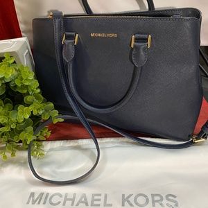 💝NWT MICHAEL Michael Kors - Savannah Admiral Navy Blue LG Satchel Leather